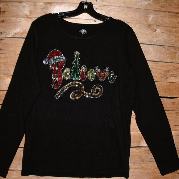 Christmas Believe rhinestone bling long sleeved shirt XS S M L XL XXL 1X… - Picture 5 of 8